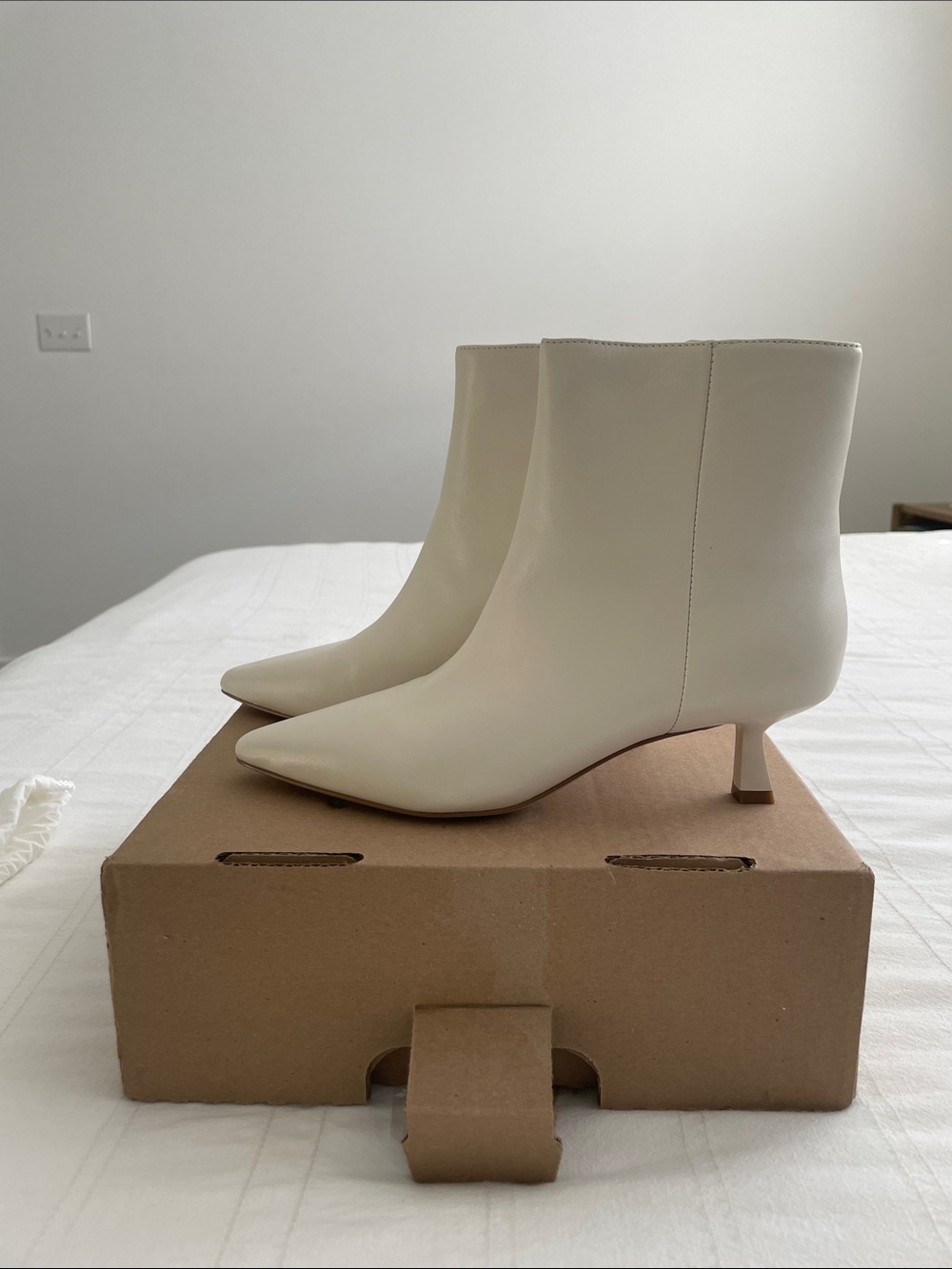 Marc Fisher Ivory Pointed-Toe Ankle Booties with Kitten Heel